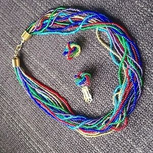 Rainbow Seed beads Necklace and Clip-on Earrings Set